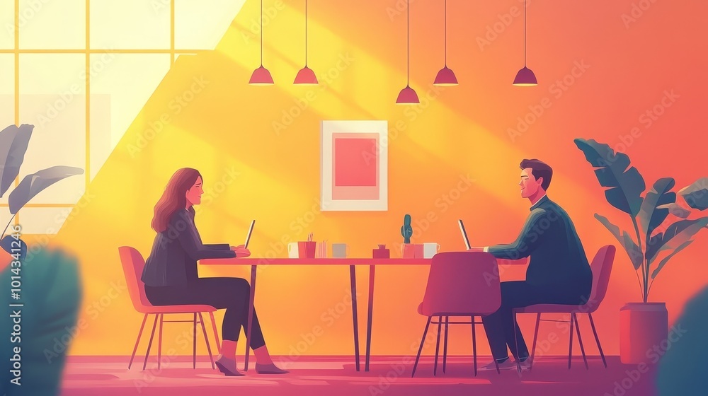 Creative Collaboration: Mature Designer at Table with Colleagues - Minimalist Paper Cut Style Adobe Illustrator Illustration Creative Collaboration: Mature Designer at Table with Colleagues - Minimalist Paper Cut Style Adobe Illustrator Illustration
