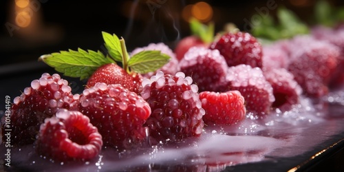 Close-up of a cluster of raspberries covered in white frost, with one strawberry, and a sprig of fresh mint, all glistening in condensation on a dark surface.