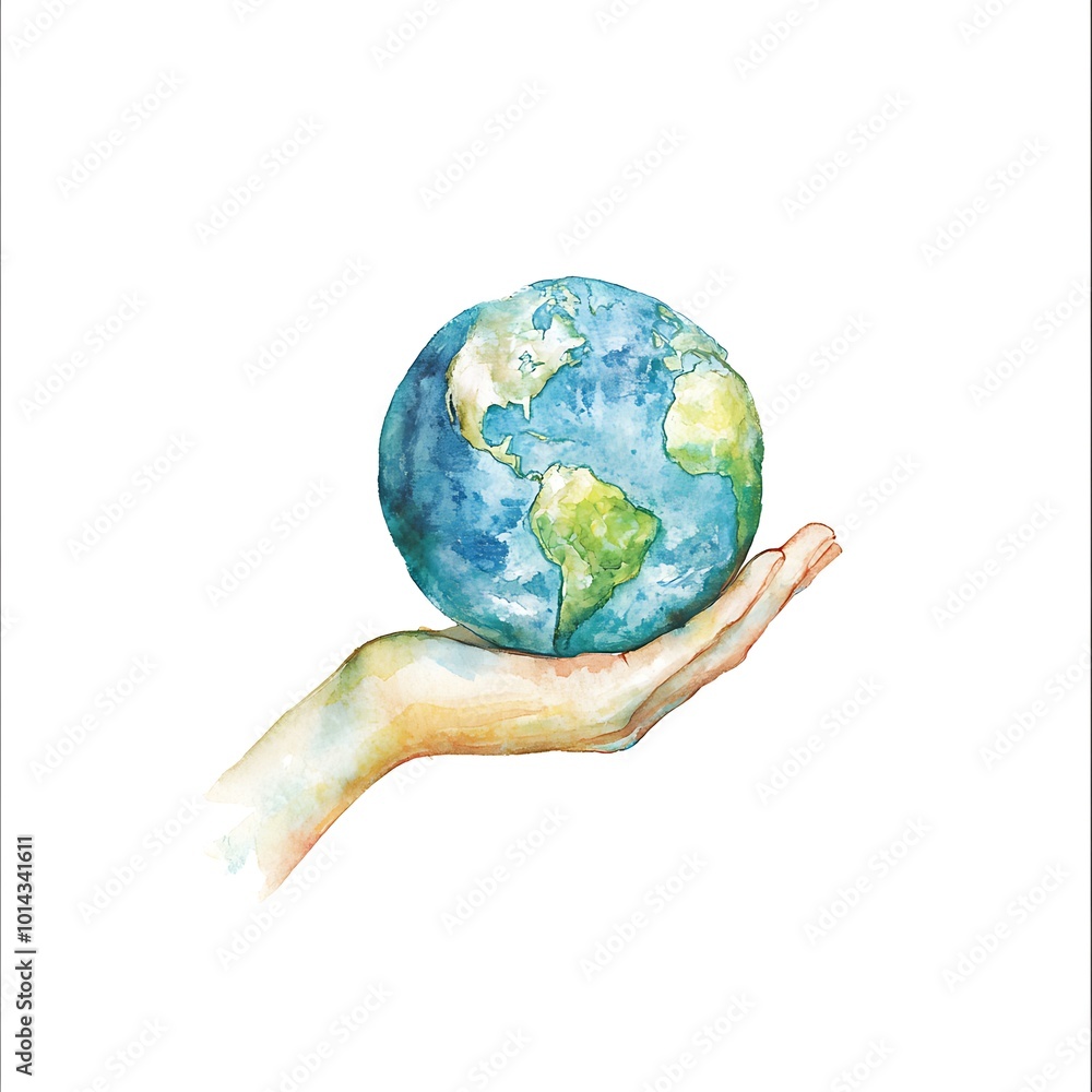 Watercolor painting of a hand holding the Earth. Watercolor painting of a hand holding the Earth.