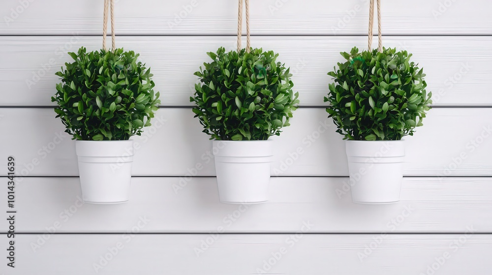 Hanging Potted Plants on White Wooden Wall Home Decor Greenery Minimalist Design Hanging Potted Plants on White Wooden Wall Home Decor Greenery Minimalist Design