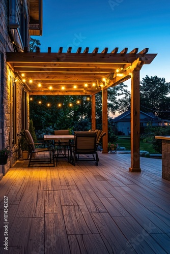 A garden pergola over a teak deck illuminated by gentle evening lighting.