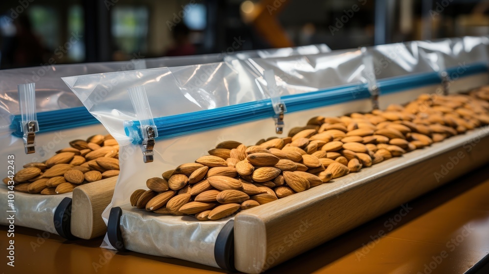 A row of clear plastic bags filled with almonds, sealed with blue zippers, sit neatly on a wooden shelf. A row of clear plastic bags filled with almonds, sealed with blue zippers, sit neatly on a wooden shelf.