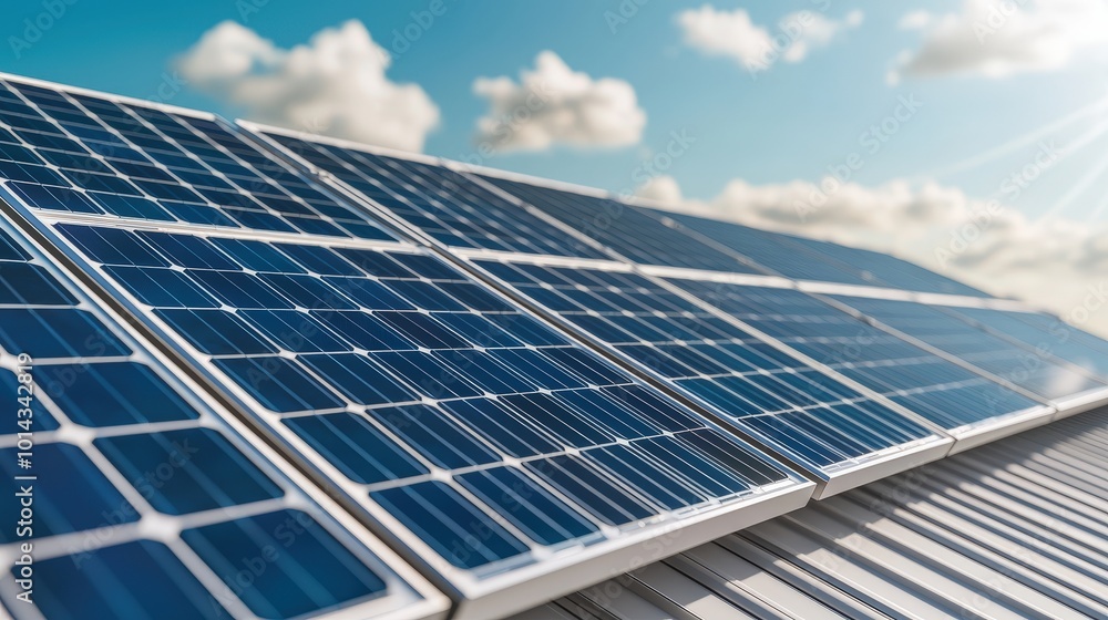 Solar Panel Installation on Rooftop with Blue Sky and Clouds Solar Panel Installation on Rooftop with Blue Sky and Clouds