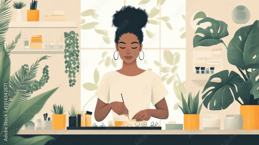 Fototapeta premium Woman Creating Natural Products: A serene, vibrant illustration of a woman crafting natural products in her home studio, surrounded by greenery and sunlight.