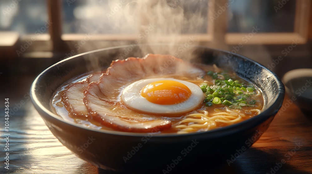 A steaming bowl of ramen with pork, egg, and scallions sits on a wooden table. A steaming bowl of ramen with pork, egg, and scallions sits on a wooden table.