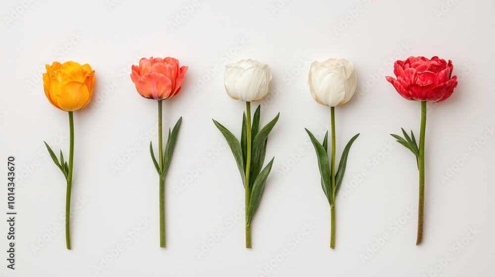 Colorful Tulips Flowers Row Arrangement White Background Spring Floral Design Colorful Tulips Flowers Row Arrangement White Background Spring Floral Design