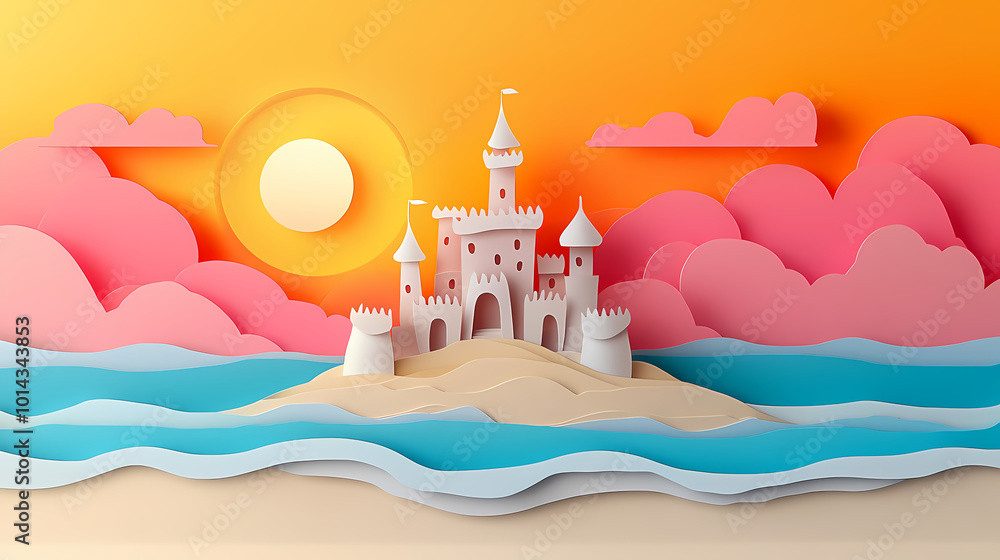 Paper art summer beach background with sand castle in sunset time view paper cut style vector Paper art summer beach background with sand castle in sunset time view paper cut style vector