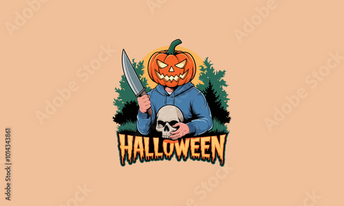 Pumpkin headed figure with a knife and skull, Halloween night