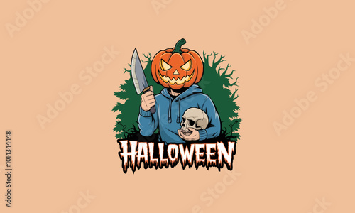 Pumpkin headed figure with a knife and skull, Halloween night