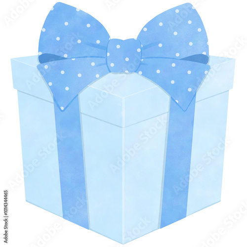 watercolor blue gift box with polka dot bow ribbon