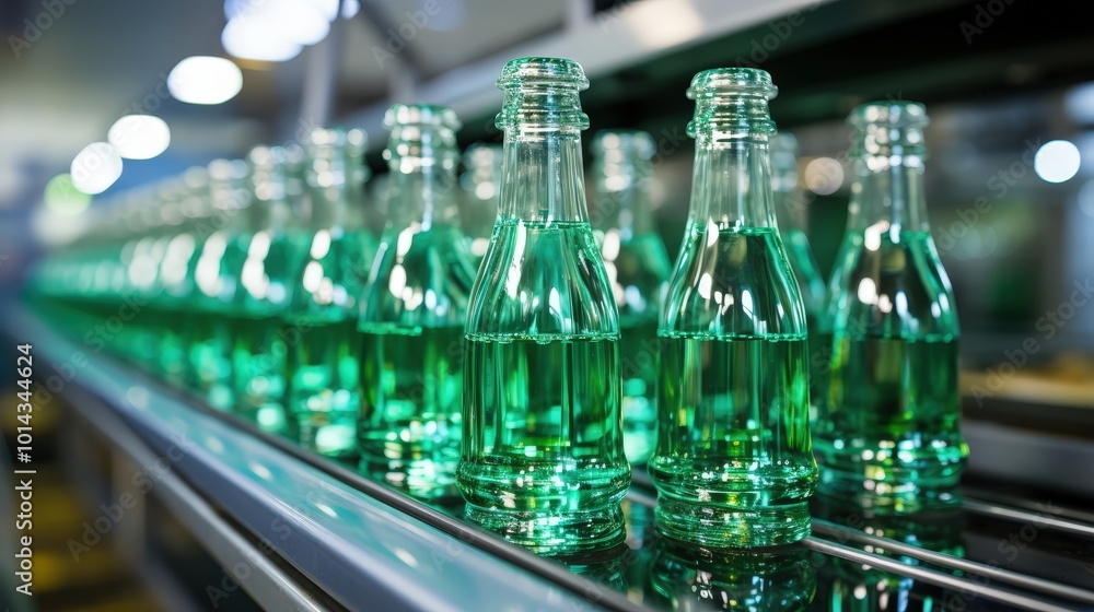 A Conveyor Belt of Glass Bottles Filled with a Vibrant Green Liquid, Representing the Efficiency of Industrial Production A Conveyor Belt of Glass Bottles Filled with a Vibrant Green Liquid, Representing the Efficiency of Industrial Production