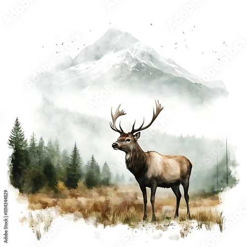 Majestic Deer Standing in Front of a Foggy Mountain Range.