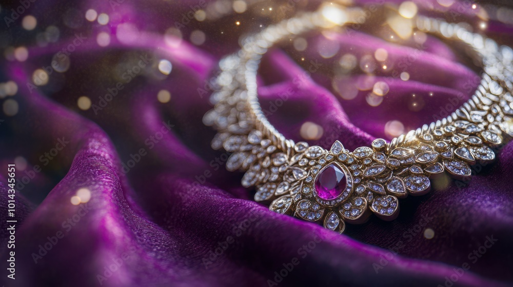 Obraz premium Shiny silver and ruby necklace on a luxurious royal purple velvet cloth, with a purple-to-silver gradient background and subtle festive sparkles, Copy space, happy Diwali background, traditional