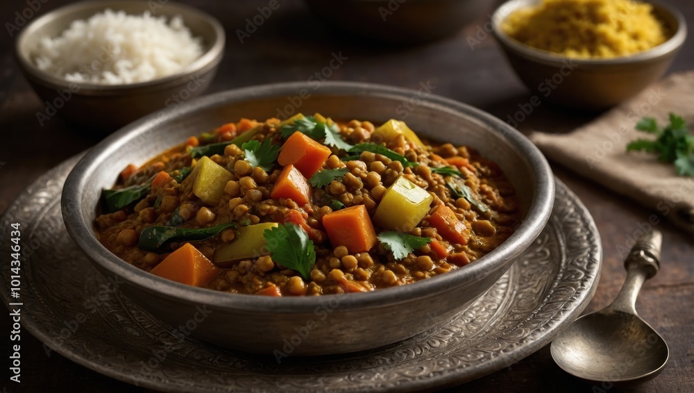 Indian dal or curry with vegetables, served on a wooden table with uncooked rice Indian dal or curry with vegetables, served on a wooden table with uncooked rice
