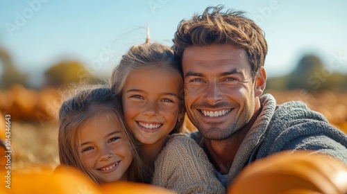 A family enjoying a hayride through a pumpkin patch, smiling and embracing the fall season