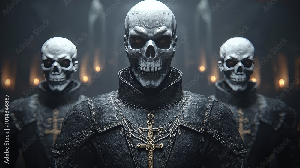 Skeletal Knight with Cross in Dark Hallway Occult Art Halloween Fantasy Horror Skeletal Knight with Cross in Dark Hallway Occult Art Halloween Fantasy Horror