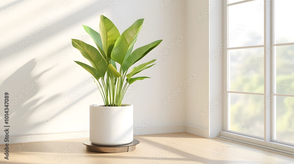 A bright indoor space featuring a lush green plant in a simple white pot, enhancing the aesthetic and freshness of the room. A bright indoor space featuring a lush green plant in a simple white pot, enhancing the aesthetic and freshness of the room.