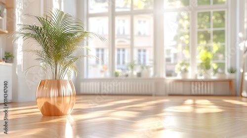 A vibrant plant in a contemporary pot sits on a sunlit wooden floor, showcasing large windows that allow natural light to fill the space.