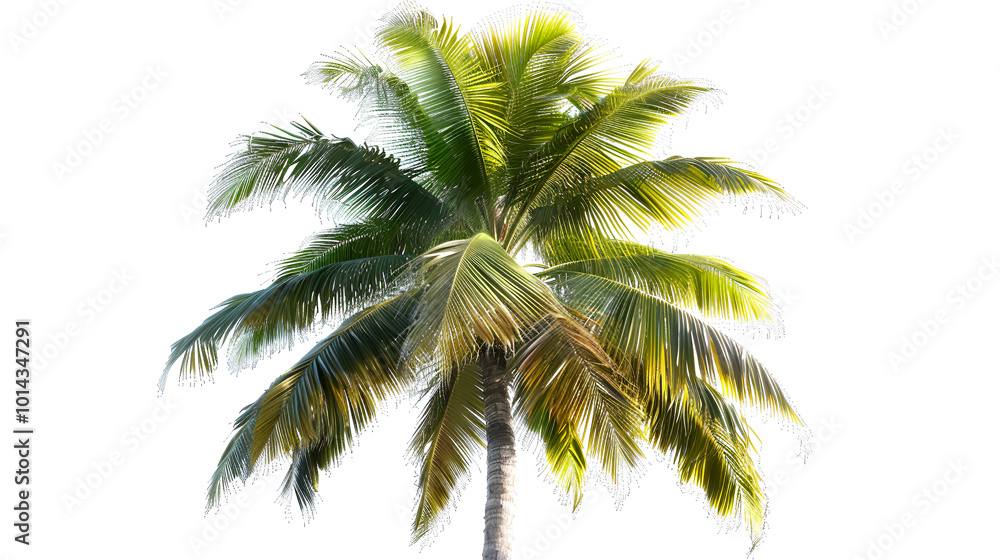 A single palm tree with lush green fronds against a white background, evoking a sense of the tropics and relaxation A single palm tree with lush green fronds against a white background, evoking a sense of the tropics and relaxation
