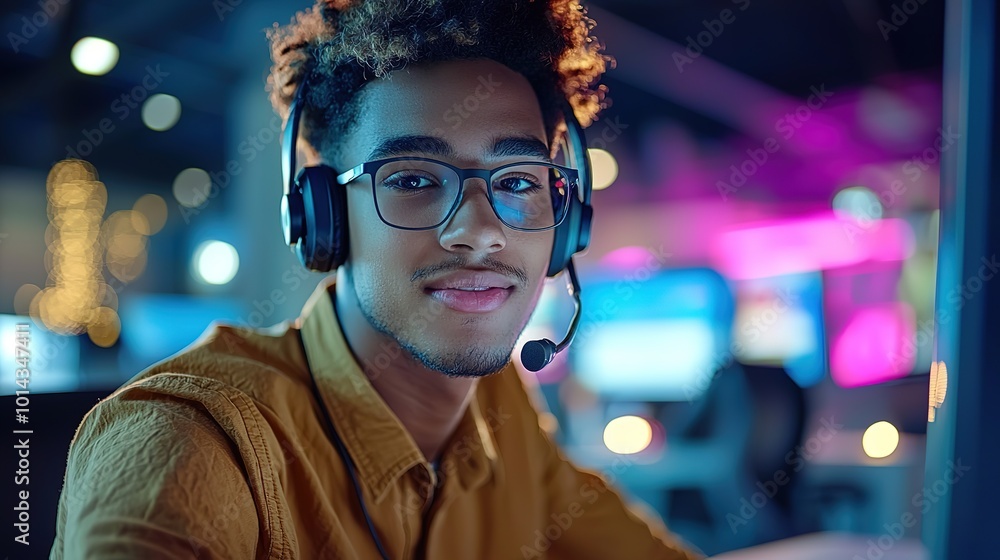 Obraz premium Wearing a headset and working at a computer, young man working in customer service, Generative Ai
