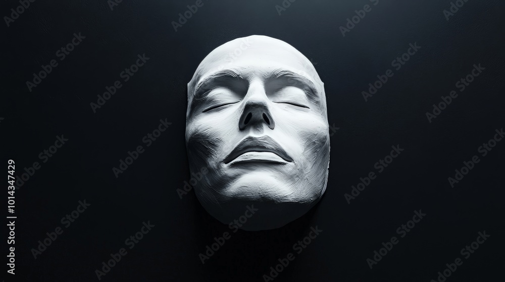 A modern, minimalist death mask crafted in white plaster, placed on a dark surface with subtle lighting to highlight the contours A modern, minimalist death mask crafted in white plaster, placed on a dark surface with subtle lighting to highlight the contours