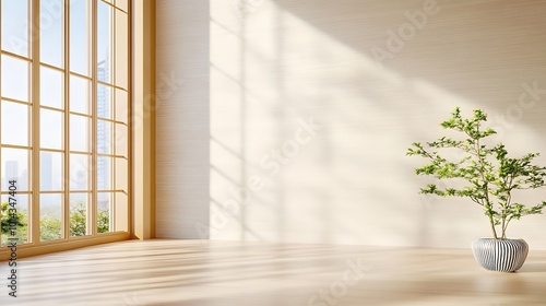 A serene indoor space with large windows allowing natural light, featuring a potted plant on a wooden floor.