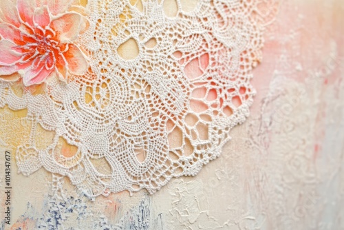 Intricate, fine brush marks creating a detailed, lace like texture in soft pastel colors photo