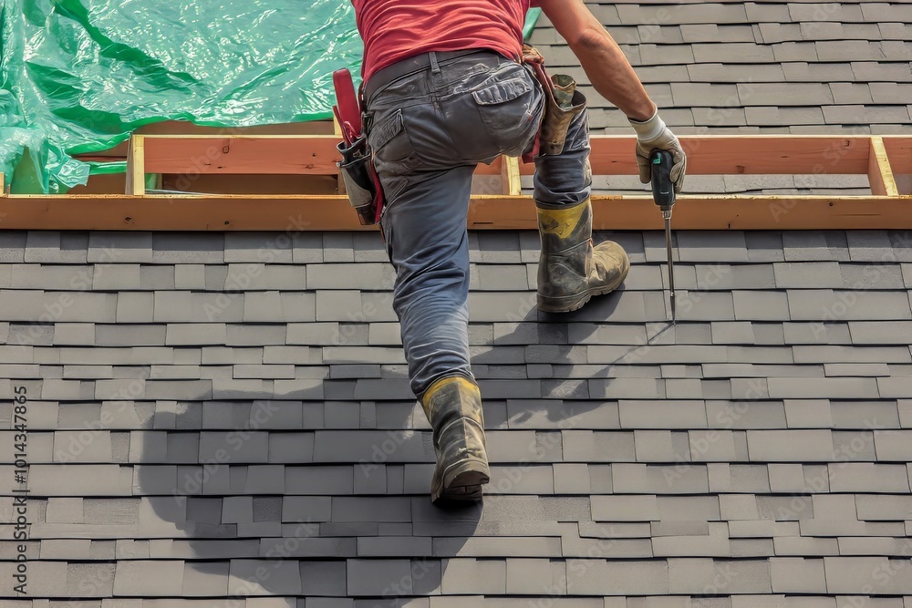 A roofer working on the roof of an apartment building, wearing work and gloves while using tools to lay shingle or tarp with a beige color background. close-up view. Generative AI A roofer working on the roof of an apartment building, wearing work and gloves while using tools to lay shingle or tarp with a beige color background. close-up view. Generative AI