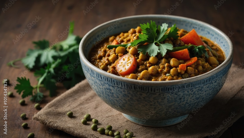 Bowl of dal with carrots and herbs, surrounded by whole peppercorns on wooden surface Bowl of dal with carrots and herbs, surrounded by whole peppercorns on wooden surface