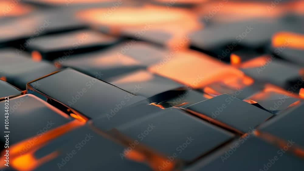 A detailed view of a shiny metallic grid with reflective tiles, showcasing warm light reflections in a serene setting A detailed view of a shiny metallic grid with reflective tiles, showcasing warm light reflections in a serene setting