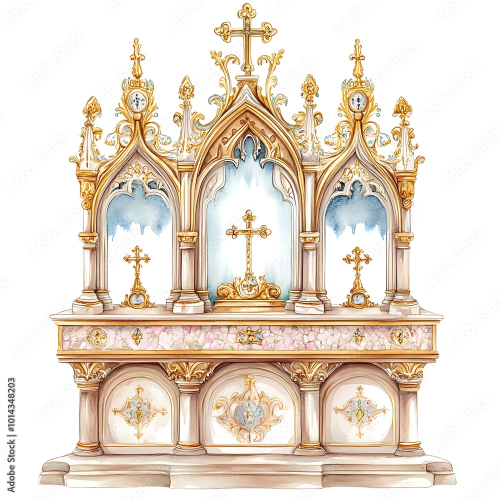 Fototapeta premium Watercolor Illustration of a Gothic Altar with Ornate Details and Golden Crosses.