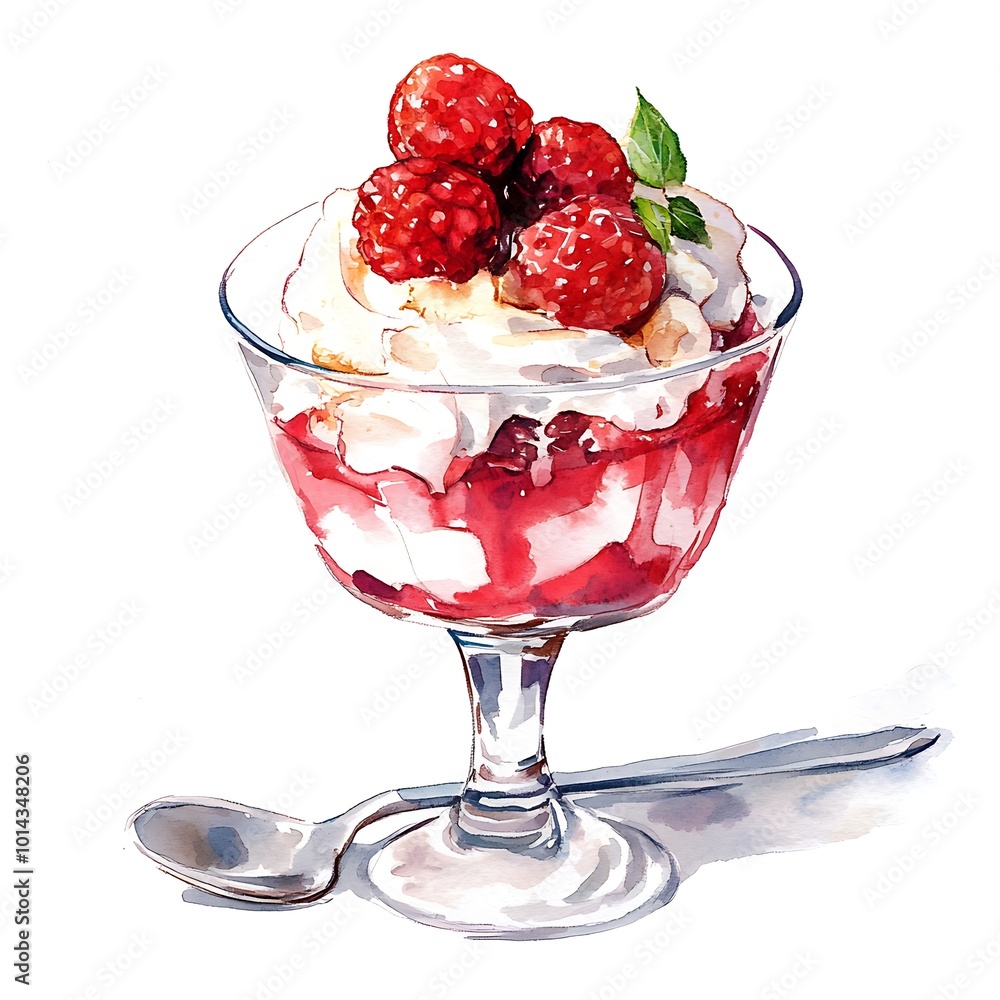 Watercolor Illustration of a Dessert with Whipped Cream, Raspberries and Sauce in a Glass. Watercolor Illustration of a Dessert with Whipped Cream, Raspberries and Sauce in a Glass.
