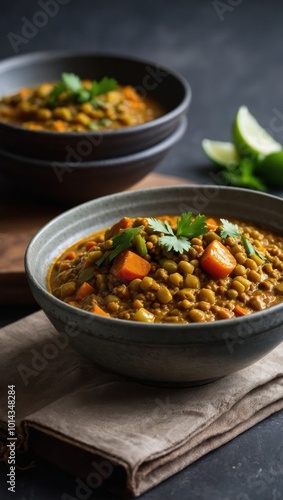 Close-up of chickpea curry with reddish-orange hue in two bowls, garnished with herbs