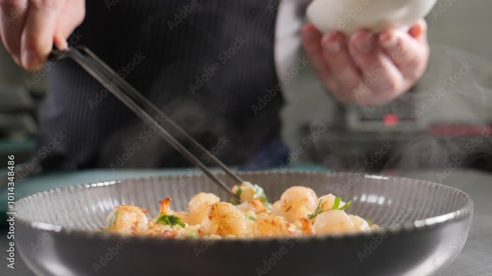 Chef delicately arranges scallops on a bed of risotto with tweezers, adding a touch of sophistication to the elegant dish. Healthy and vegetarian cuisine. Cooking process. Slow motion. Full hd Chef delicately arranges scallops on a bed of risotto with tweezers, adding a touch of sophistication to the elegant dish. Healthy and vegetarian cuisine. Cooking process. Slow motion. Full hd