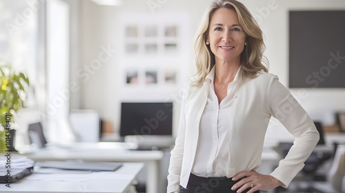 Confident Businesswoman in White Blouse and Black Pants Smiling in Office