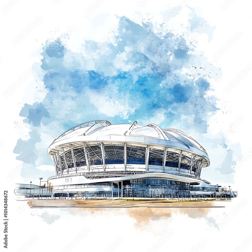 Watercolor illustration of a modern stadium against a blue sky. Watercolor illustration of a modern stadium against a blue sky.