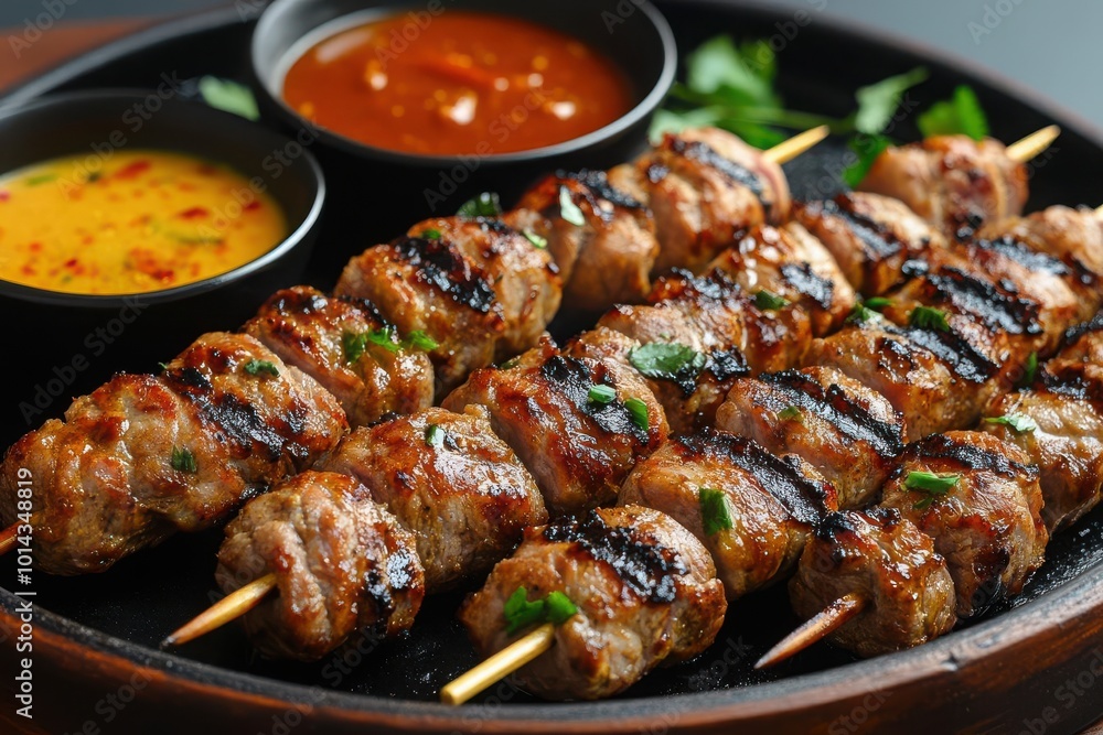 A sizzling plate of grilled pork skewers with dipping sauces on the side, grilled pork skewers, Thai street food A sizzling plate of grilled pork skewers with dipping sauces on the side, grilled pork skewers, Thai street food