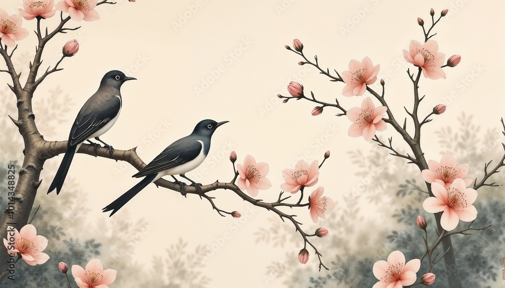Serene birds perched on blooming cherry blossom branch against misty background Serene birds perched on blooming cherry blossom branch against misty background