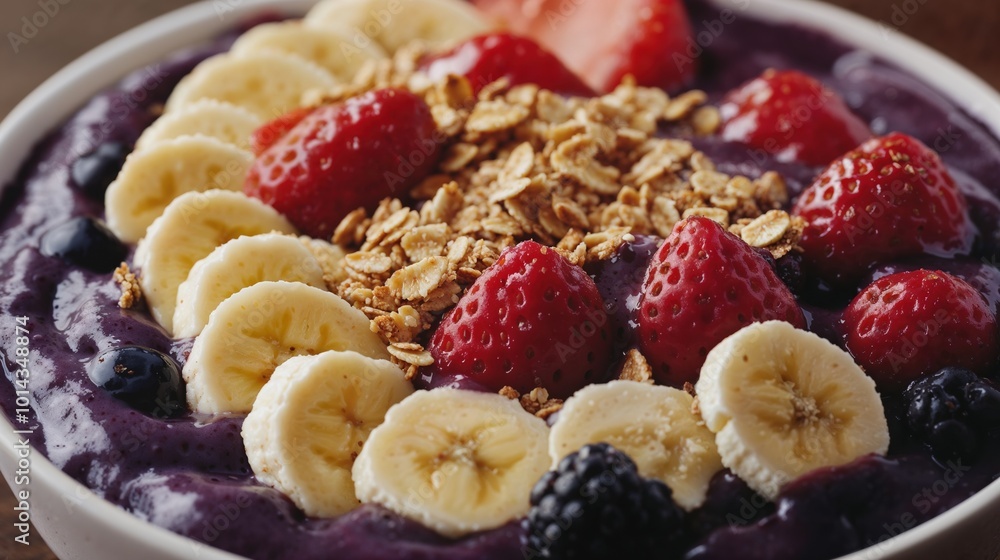 Acai Bowl Filled with Creamy Purple Acai, Topped with Granola, Fresh Strawberries, Bananas, Blueberries, and Blackberries, Drizzled with Honey, Nutritious Vegan Superfood Breakfast in a White Bowl Acai Bowl Filled with Creamy Purple Acai, Topped with Granola, Fresh Strawberries, Bananas, Blueberries, and Blackberries, Drizzled with Honey, Nutritious Vegan Superfood Breakfast in a White Bowl