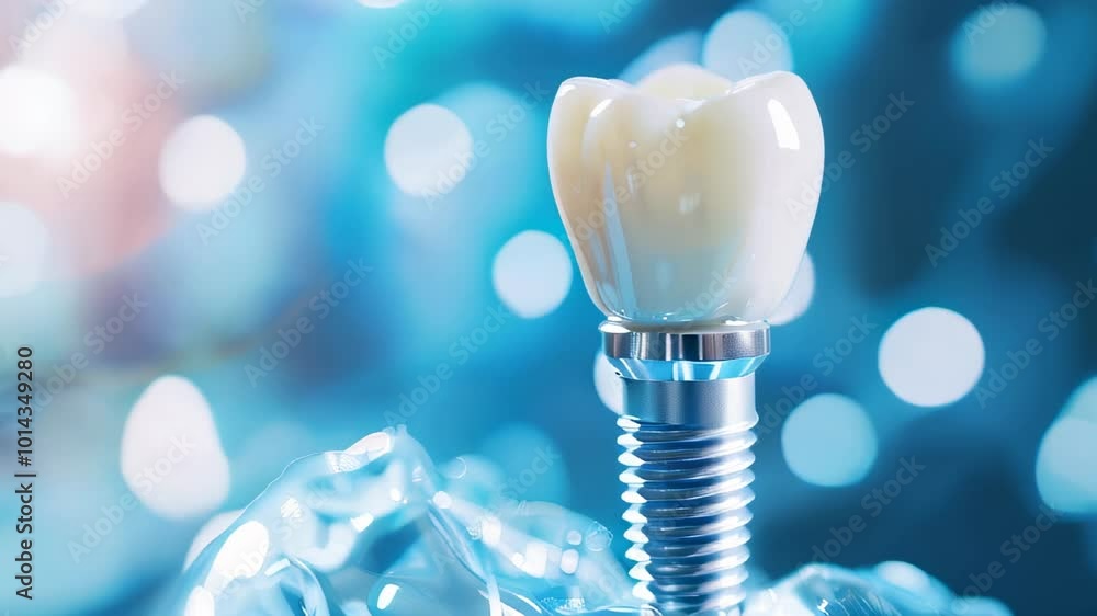 A single dental implant displayed against a soft blue bokeh background, emphasizing the advanced and modern dental technology. A single dental implant displayed against a soft blue bokeh background, emphasizing the advanced and modern dental technology.