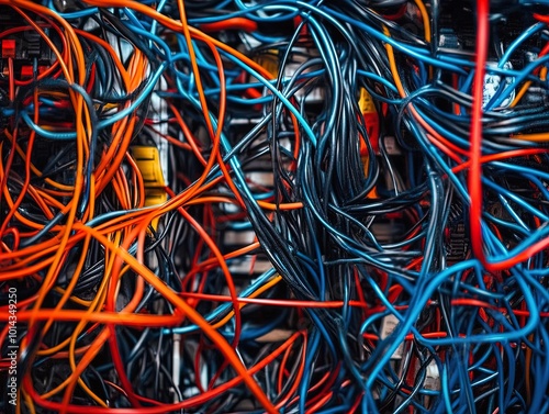 Wallpaper Mural Dynamic Network of Colorful Wires: A Striking Poster Design for Sport Interiors, Featuring a Chaotic Blend of Red, Blue, Orange, and Black Hues Torontodigital.ca