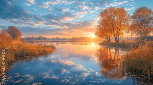 Golden autumn trees reflected in a tranquil lake at sunset with a cloudy sky.