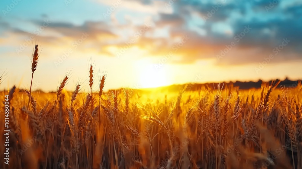 A peaceful rural landscape with golden fields of wheat swaying gently in the breeze, illuminated by the last rays of sunlight during golden hour A peaceful rural landscape with golden fields of wheat swaying gently in the breeze, illuminated by the last rays of sunlight during golden hour