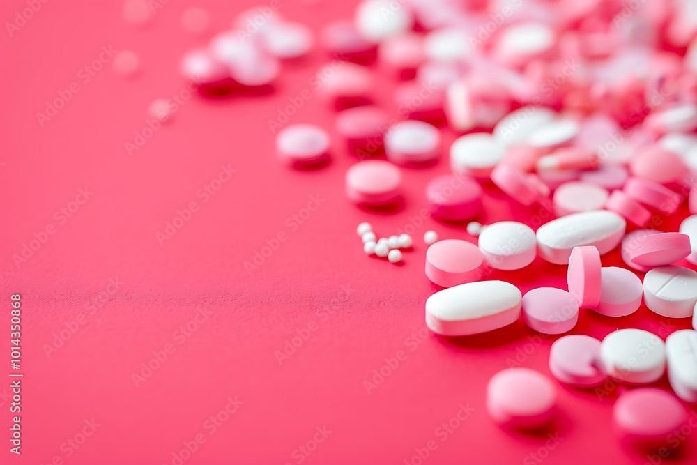 White pills on a pink background with copy space. Focus on foreground, White pills on a pink background with copy space. Focus on foreground,