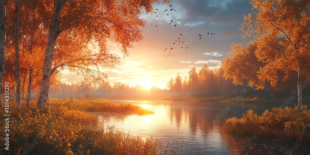 Golden sunset over a calm river with a forest in the background. Golden sunset over a calm river with a forest in the background.