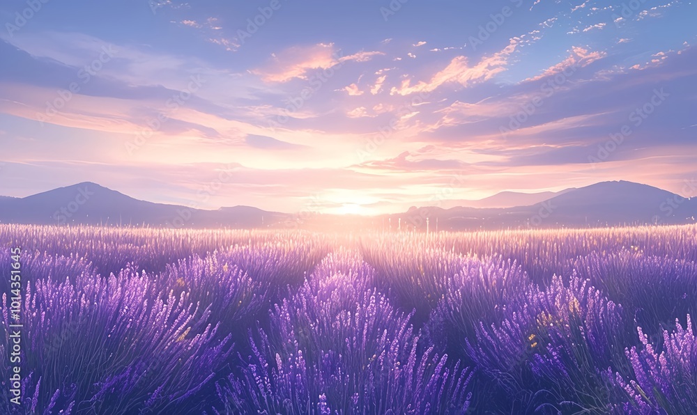 Lavender fields bathed in the warm glow of a golden sunset Lavender fields bathed in the warm glow of a golden sunset
