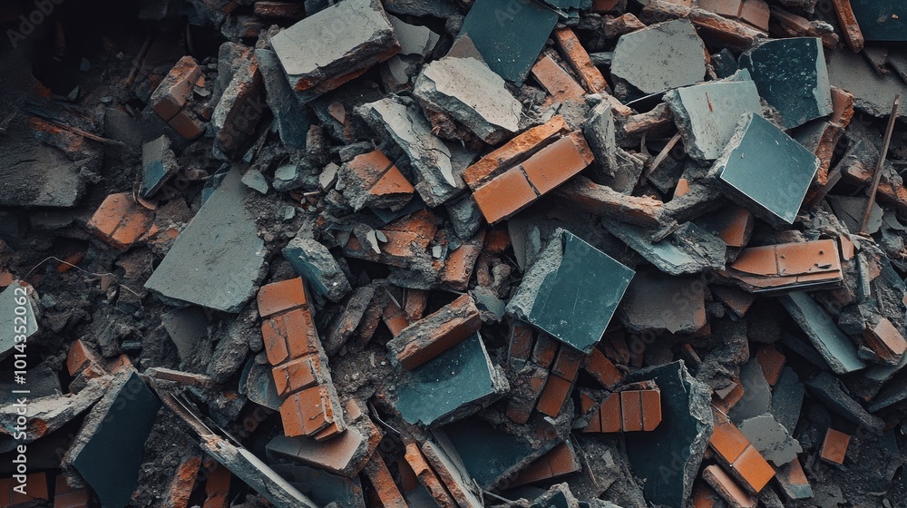 Pile of broken debris from a damaged construction zone, including shattered tiles and brick fragments. Pile of broken debris from a damaged construction zone, including shattered tiles and brick fragments.