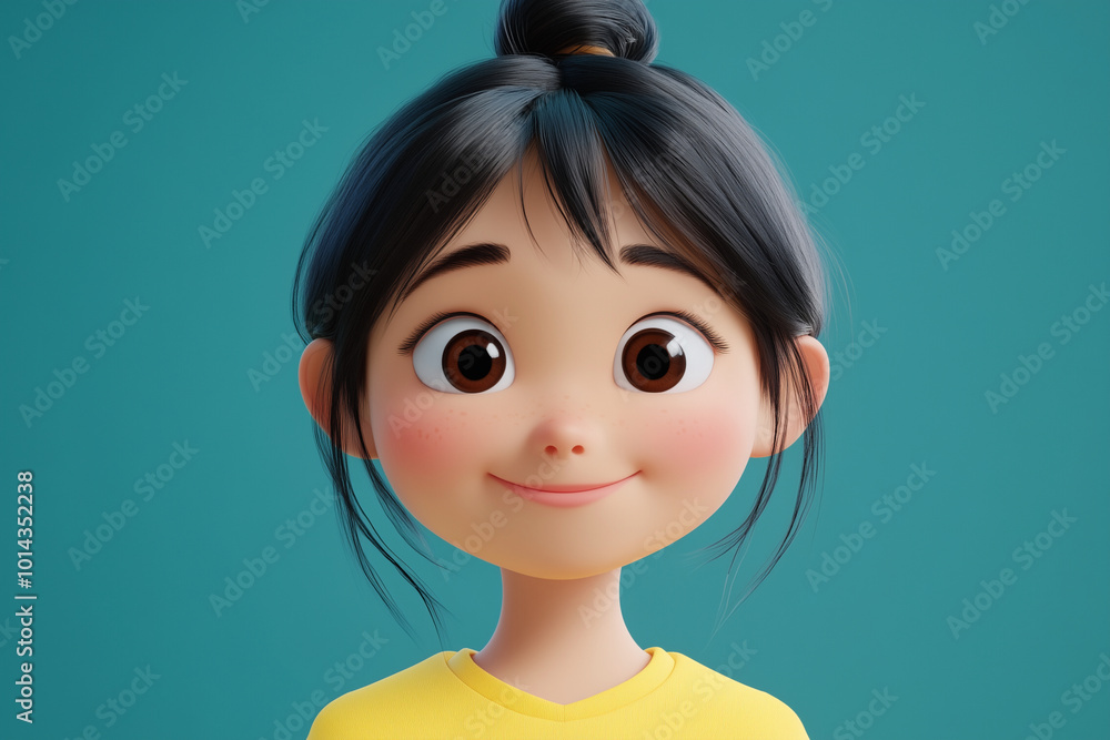 cartoon girl with a yellow shirt and short hair. She is smiling and has her teeth showing cartoon girl with a yellow shirt and short hair. She is smiling and has her teeth showing