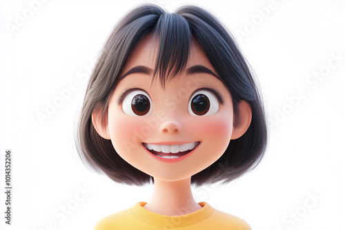  cartoon girl with a yellow shirt and short hair. She is smiling and has her teeth showing