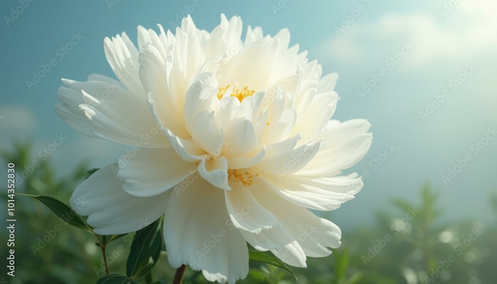 Beautiful White Peony Flower with Yellow Center Against a Clear Blue Sky Beautiful White Peony Flower with Yellow Center Against a Clear Blue Sky